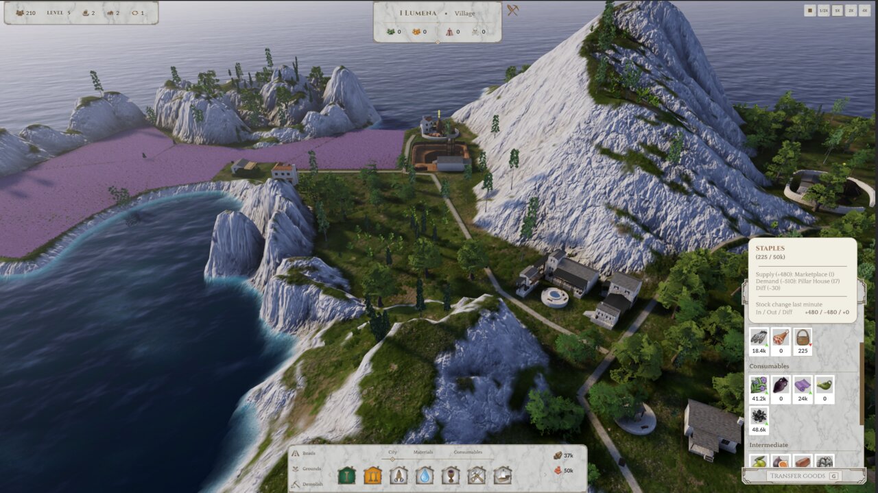 New building icons, and a tooltip showing goods supply and demand.