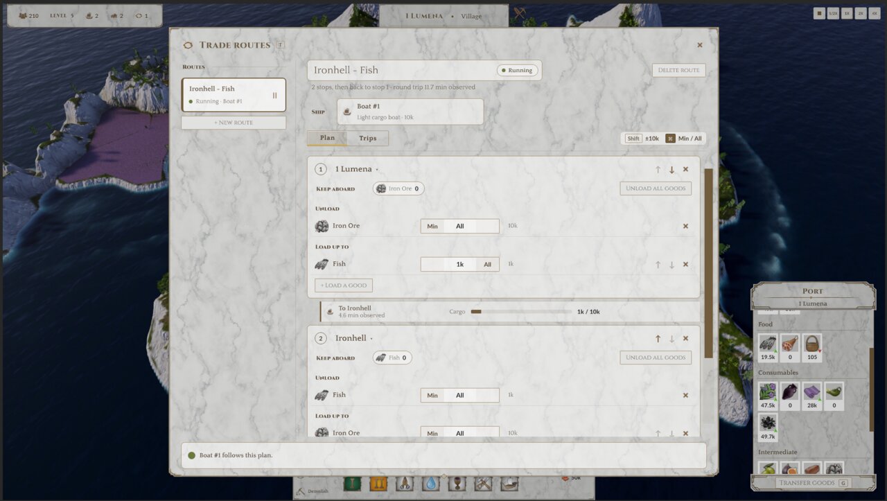 The trade route setup UI.