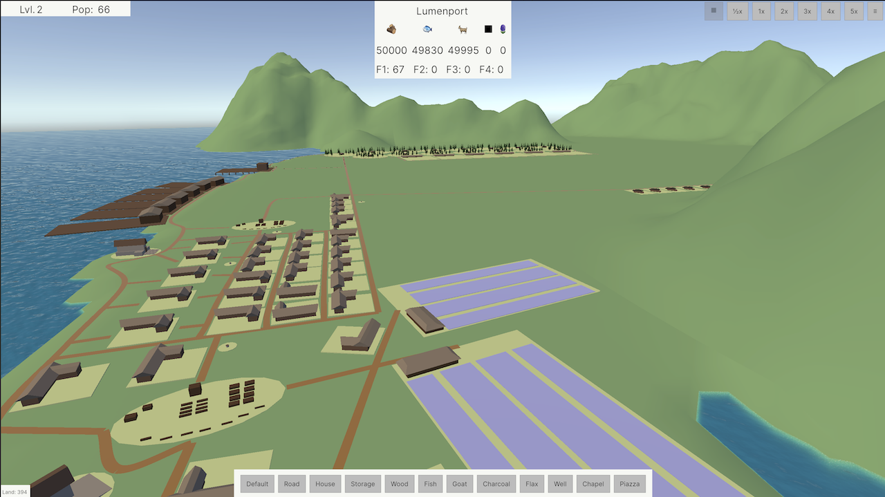 Screenshot of the city builder game the author is building, showing a coastal settlement on an island. Houses, farmland, and docks.