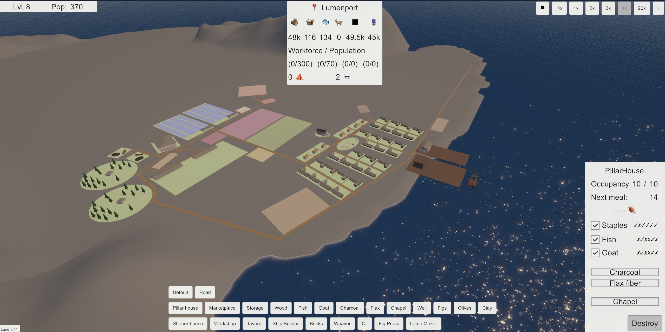 Birds eye view of the main island in blockout form with game UI